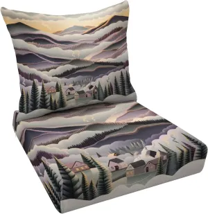 Outdoor Deep Seat Cushion Set Ethereal Foggy Mountains Peaceful Village 24 x 24 Inch Fade Resistant Patio Furniture Cushions with Removable Cover for Chaise Lounge