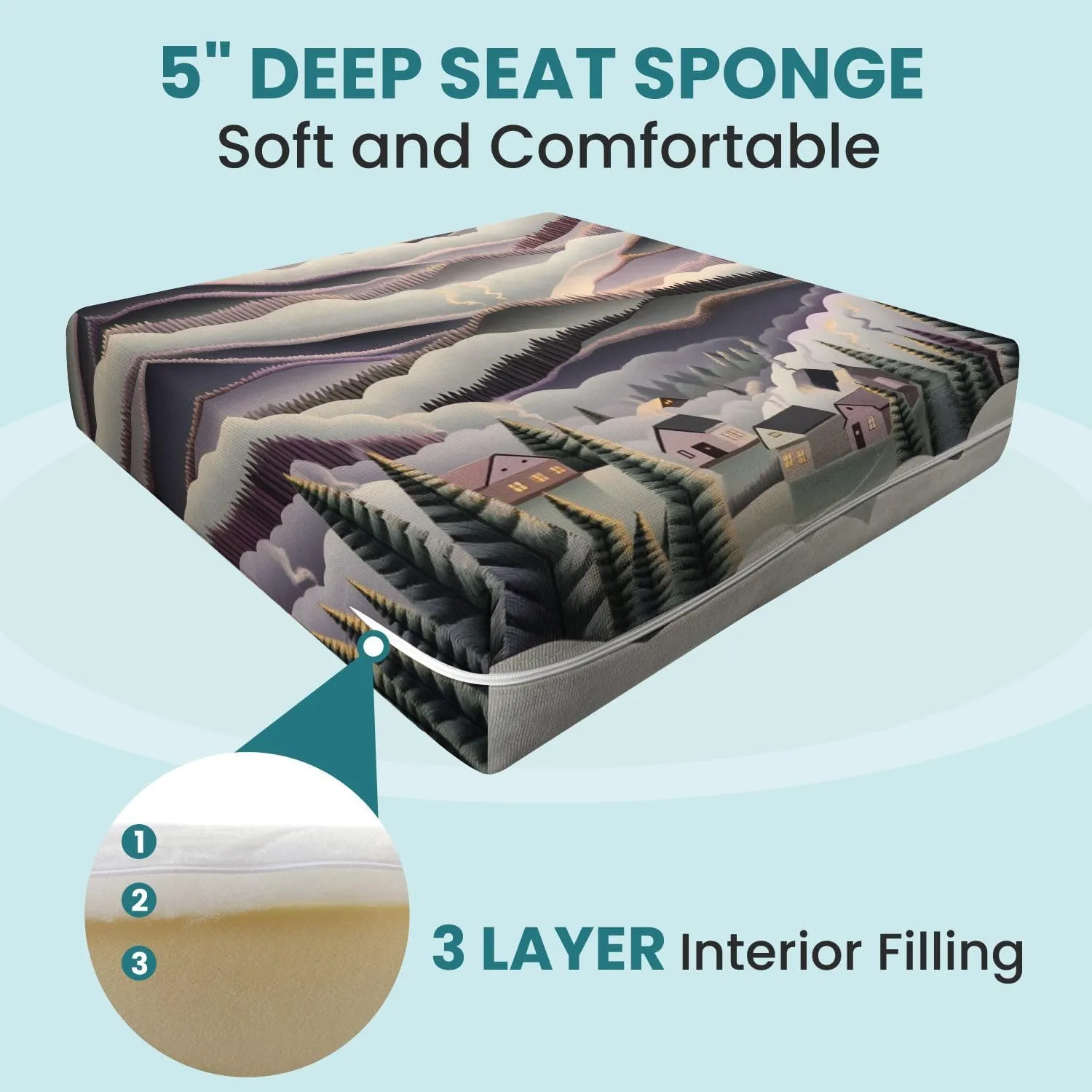 Outdoor Deep Seat Cushion Set Ethereal Foggy Mountains Peaceful Village 24 x 24 Inch Fade Resistant Patio Furniture Cushions with Removable Cover for Chaise Lounge
