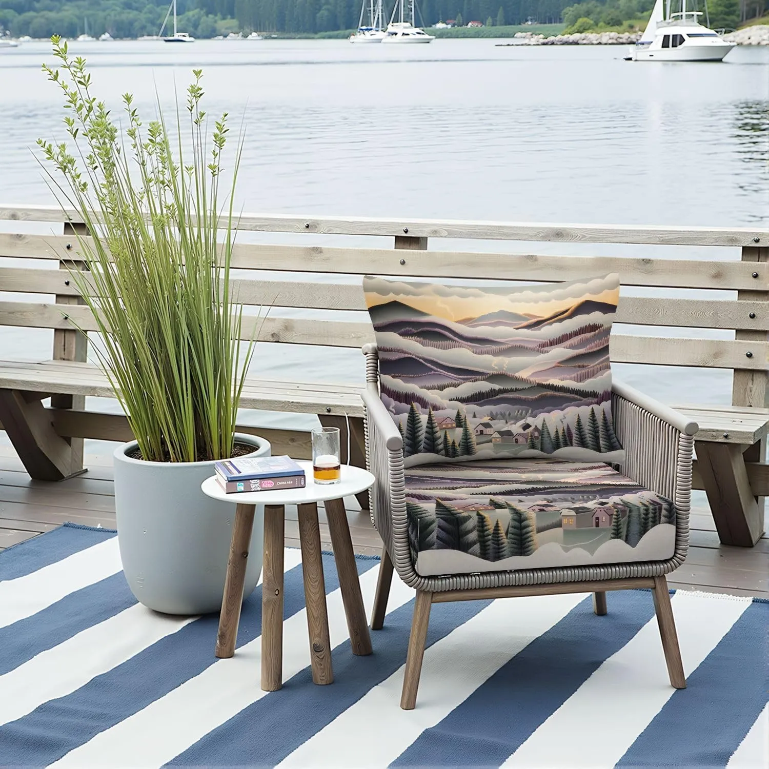 Outdoor Deep Seat Cushion Set Ethereal Foggy Mountains Peaceful Village 24 x 24 Inch Fade Resistant Patio Furniture Cushions with Removable Cover for Chaise Lounge