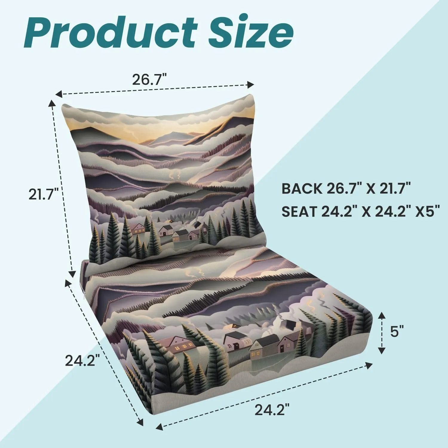 Outdoor Deep Seat Cushion Set Ethereal Foggy Mountains Peaceful Village 24 x 24 Inch Fade Resistant Patio Furniture Cushions with Removable Cover for Chaise Lounge