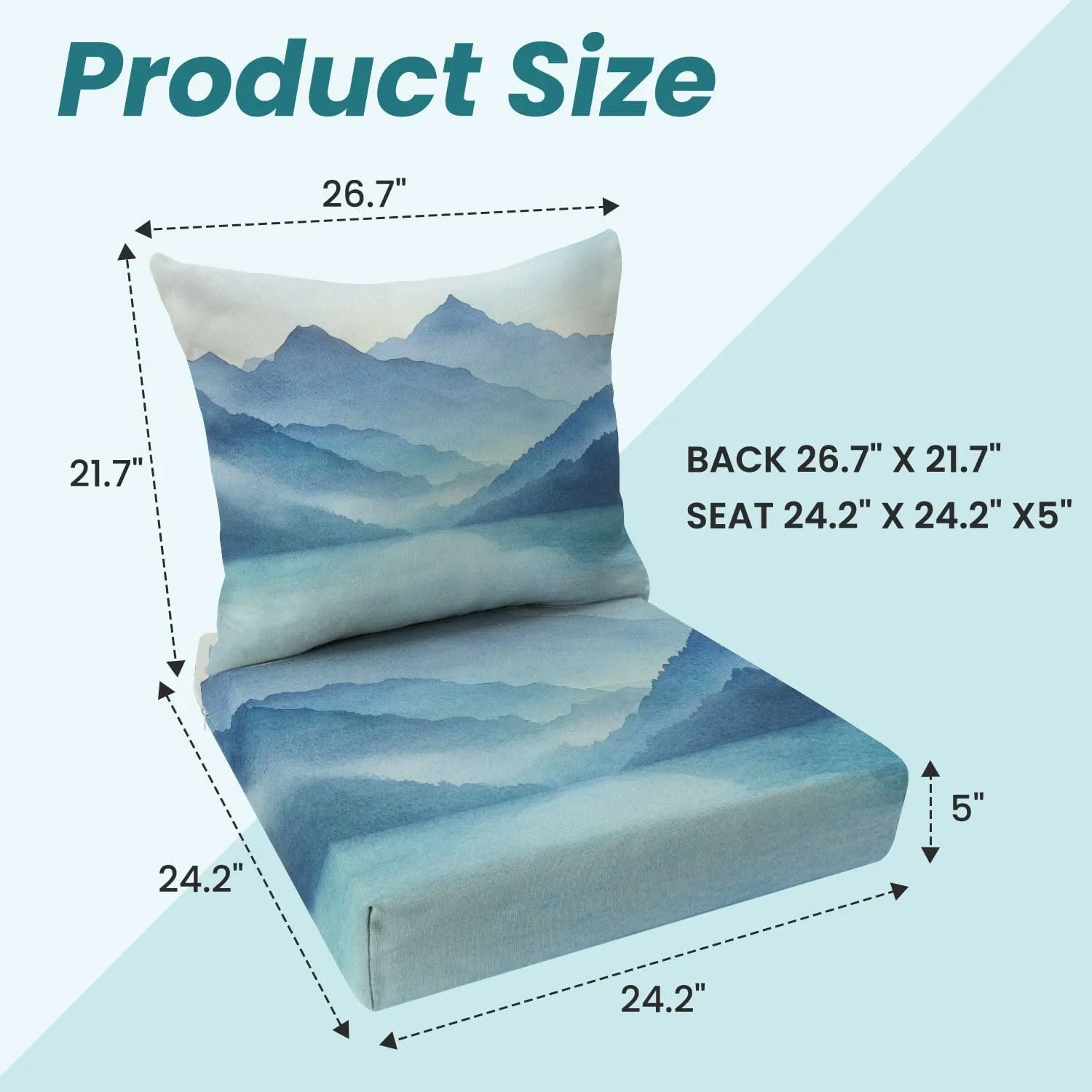 Outdoor Deep Seat Cushion Set of 2 Watercolor Mountain Landscape Misty Peaks Lake 24 x 24 Inch Fade Resistant Patio Furniture Cushions with Removable Cover for Chaise Lounge