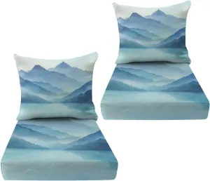 Outdoor Deep Seat Cushion Set of 2 Watercolor Mountain Landscape Misty Peaks Lake 24 x 24 Inch Fade Resistant Patio Furniture Cushions with Removable Cover for Chaise Lounge