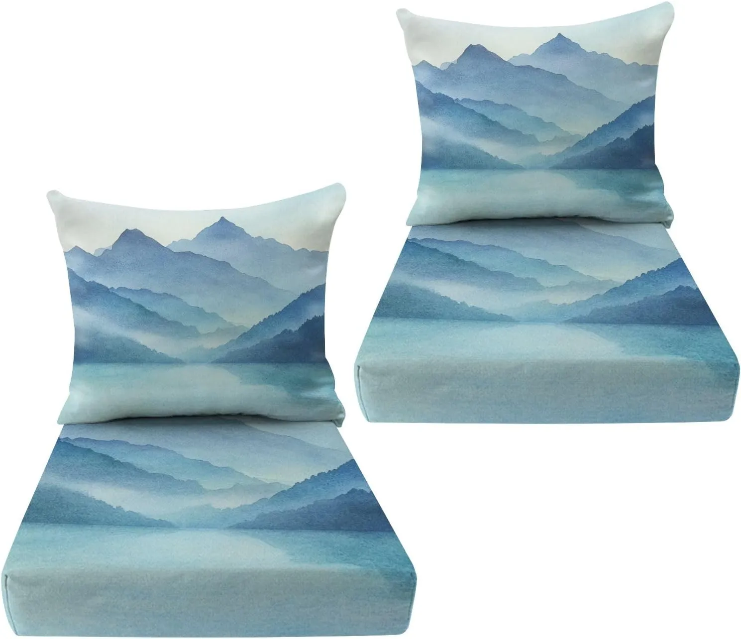 Outdoor Deep Seat Cushion Set of 2 Watercolor Mountain Landscape Misty Peaks Lake 24 x 24 Inch Fade Resistant Patio Furniture Cushions with Removable Cover for Chaise Lounge