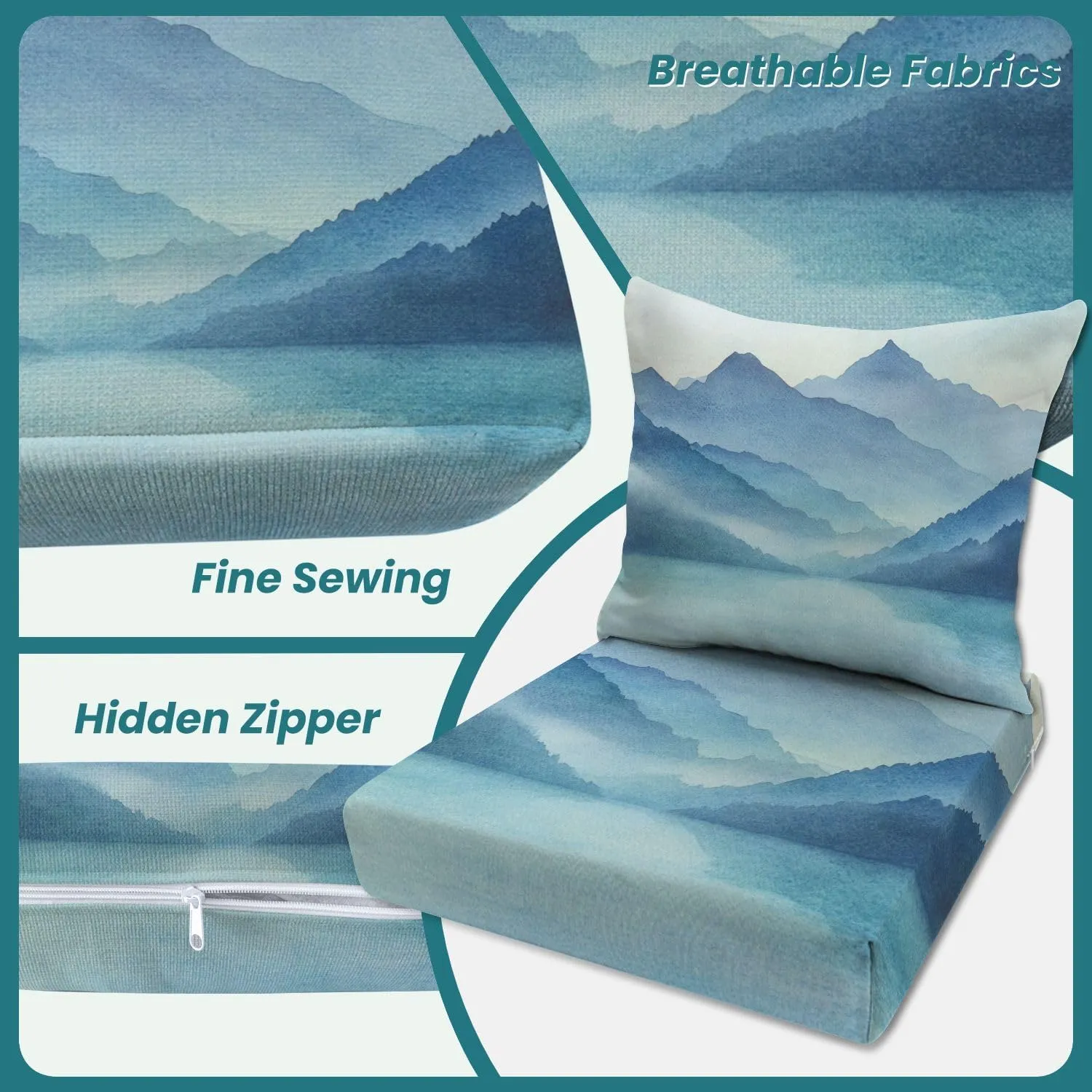 Outdoor Deep Seat Cushion Set of 2 Watercolor Mountain Landscape Misty Peaks Lake 24 x 24 Inch Fade Resistant Patio Furniture Cushions with Removable Cover for Chaise Lounge