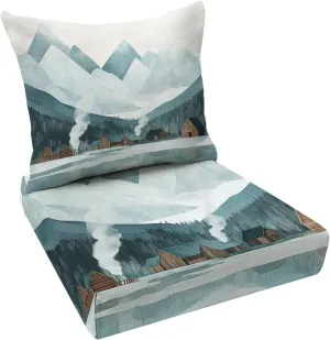 Outdoor Deep Seat Cushion Set Rustic Alpine Village Serene Winter Setting 24 x 24 Inch Fade Resistant Patio Furniture Cushions with Removable Cover for Chaise Lounge