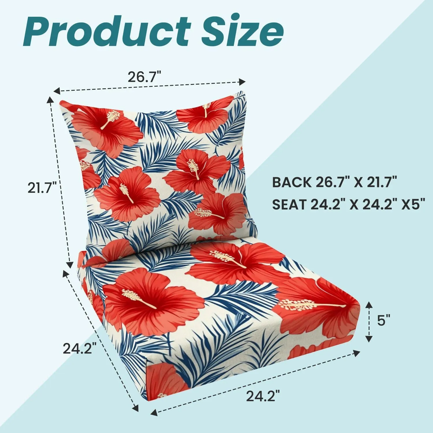 Outdoor Deep Seat Cushion Set Tropical Flowers Palm Leaves Seamless Pattern 24 x 24 Inch Fade Resistant Patio Furniture Cushions with Removable Cover for Chaise Lounge