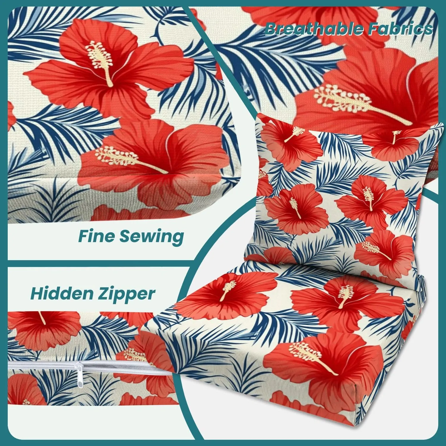 Outdoor Deep Seat Cushion Set Tropical Flowers Palm Leaves Seamless Pattern 24 x 24 Inch Fade Resistant Patio Furniture Cushions with Removable Cover for Chaise Lounge