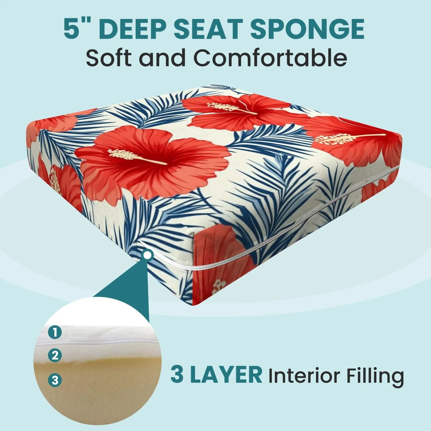 Outdoor Deep Seat Cushion Set Tropical Flowers Palm Leaves Seamless Pattern 24 x 24 Inch Fade Resistant Patio Furniture Cushions with Removable Cover for Chaise Lounge
