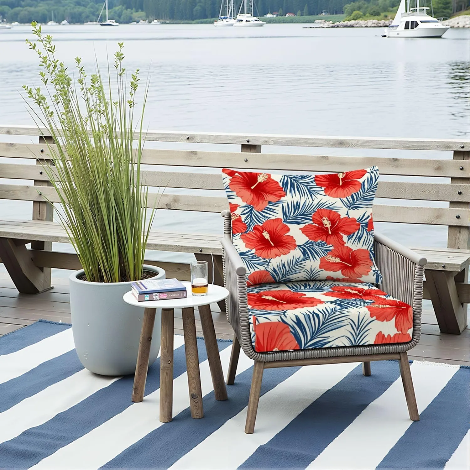 Outdoor Deep Seat Cushion Set Tropical Flowers Palm Leaves Seamless Pattern 24 x 24 Inch Fade Resistant Patio Furniture Cushions with Removable Cover for Chaise Lounge