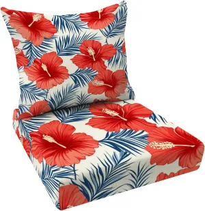 Outdoor Deep Seat Cushion Set Tropical Flowers Palm Leaves Seamless Pattern 24 x 24 Inch Fade Resistant Patio Furniture Cushions with Removable Cover for Chaise Lounge