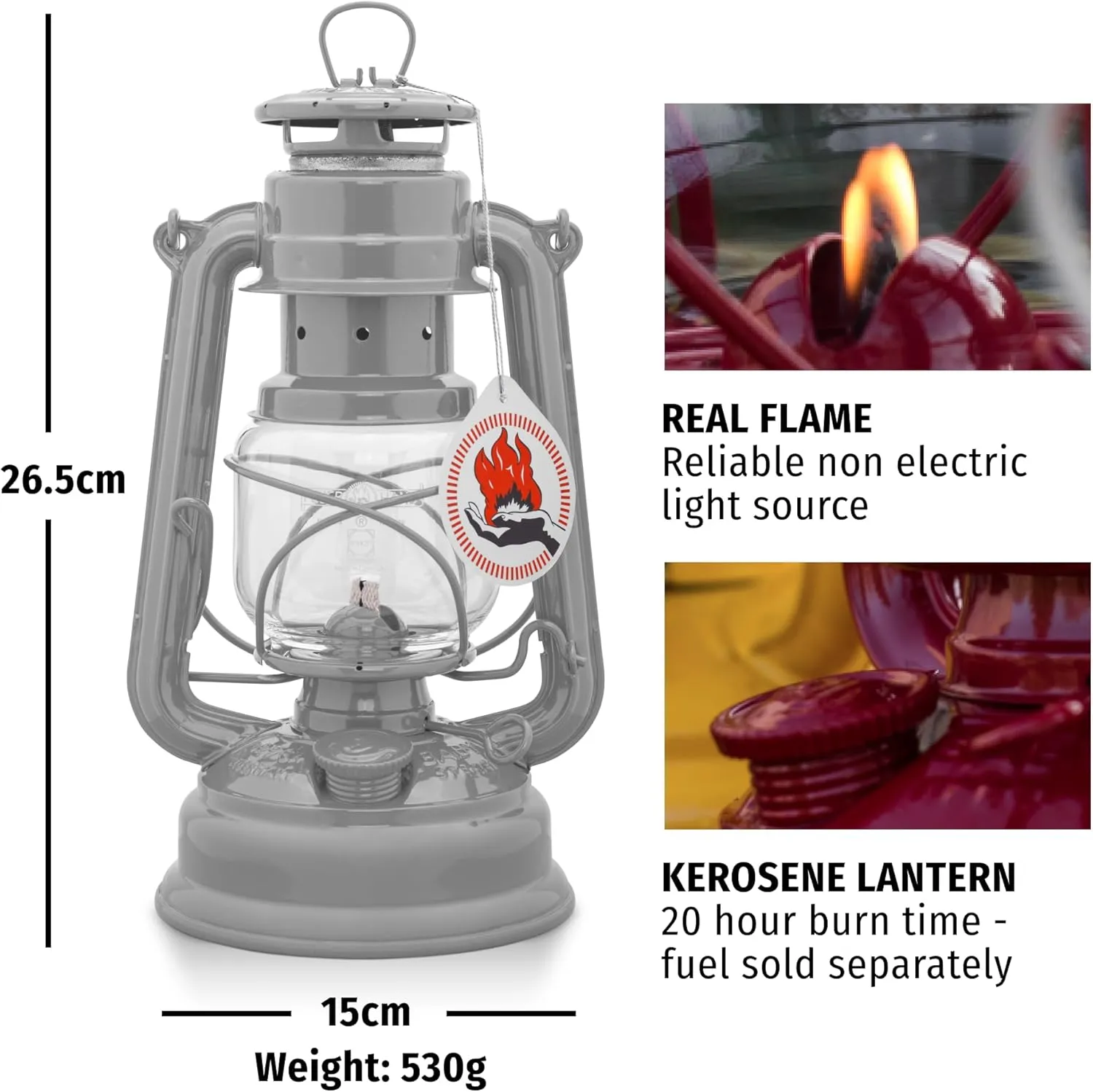 Outdoor Kerosene Fuel Lantern, German Made Weather Resistant Baby Special 276 Galvanized Hurricane Lamp for Camping or Patio, 10 Inches, Sparkling Iron Gray