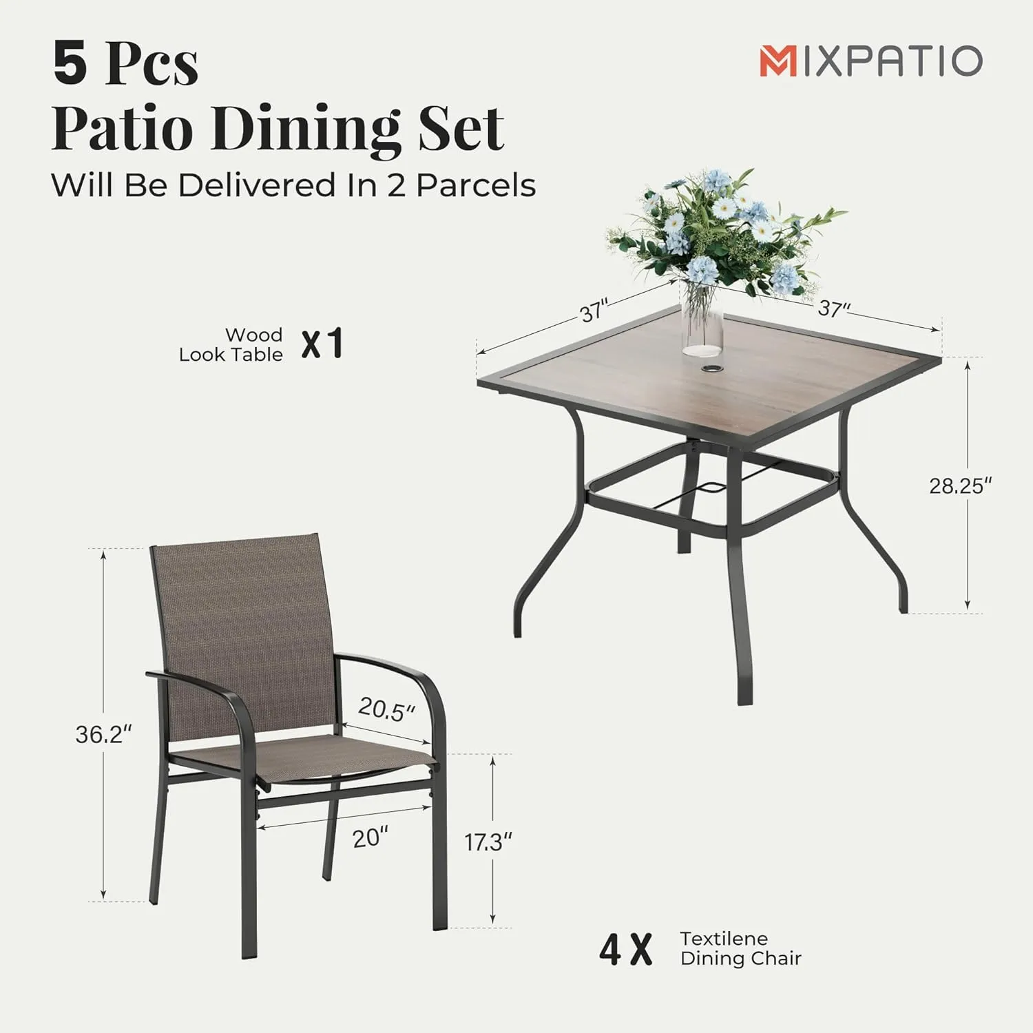 Outdoor Patio Dining Set 5 Piece Furniture Set with 4 Brown Textilene Chairs and 37" Wood-Like Table Top for Deck Garden Backyard Lawn Poolside