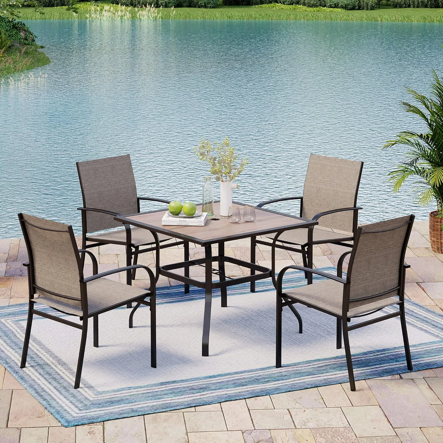 Outdoor Patio Dining Set 5 Piece Furniture Set with 4 Brown Textilene Chairs and 37" Wood-Like Table Top for Deck Garden Backyard Lawn Poolside