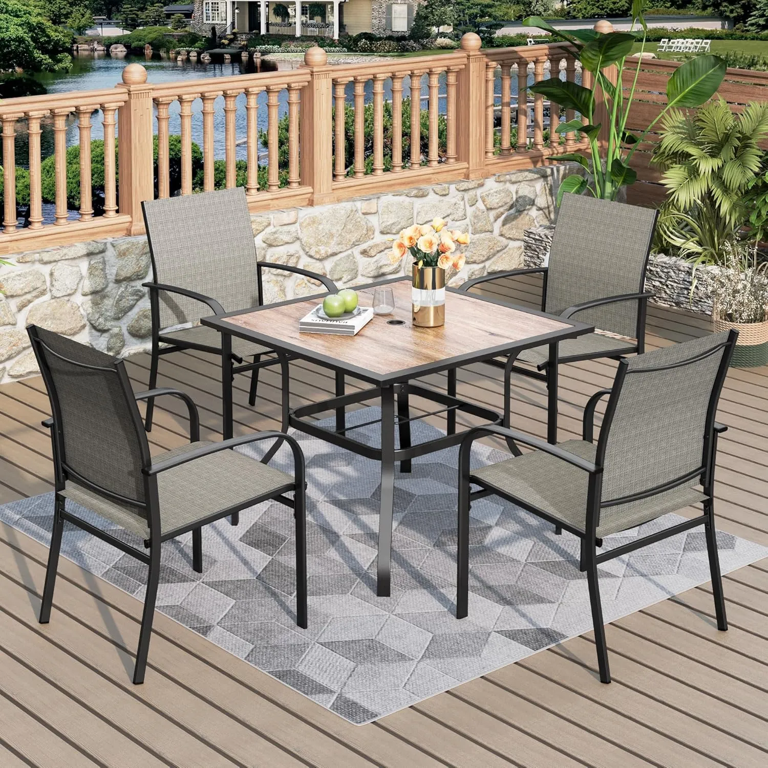 Outdoor Patio Dining Set 5 Piece Furniture Set with 4 Brown Textilene Chairs and 37" Wood-Like Table Top for Deck Garden Backyard Lawn Poolside