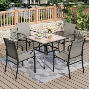 Outdoor Patio Dining Set 5 Piece Furniture Set with 4 Brown Textilene Chairs and 37" Wood-Like Table Top for Deck Garden Backyard Lawn Poolside