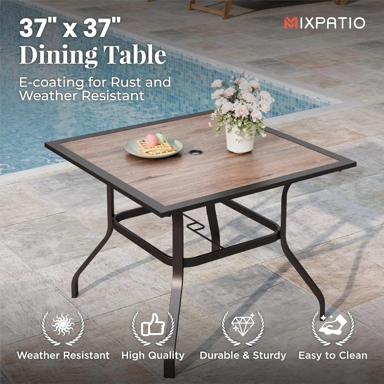 Outdoor Patio Dining Set 5 Piece Furniture Set with 4 Brown Textilene Chairs and 37" Wood-Like Table Top for Deck Garden Backyard Lawn Poolside