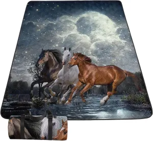 Outdoor Picnic Blanket Portable Ultrasonic Waterproof Picnic Mat 3D Horses Printed Camping Beach Mat for Sand and Wet Grass Hiking (3D Horses S)