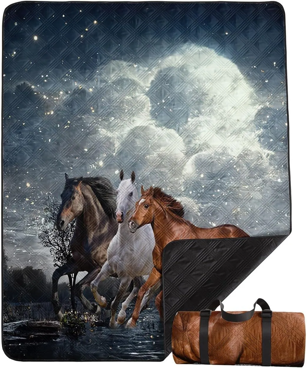 Outdoor Picnic Blanket Portable Ultrasonic Waterproof Picnic Mat 3D Horses Printed Camping Beach Mat for Sand and Wet Grass Hiking (3D Horses S)