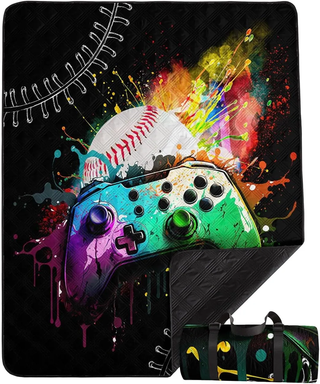 Outdoor Picnic Blanket,Portable Sandproof Waterproof Picnic Mat,Gamepad Baseball Printed Camping Beach Mat for Sand and Wet Grass Hiking (Gamepad Baseball L)