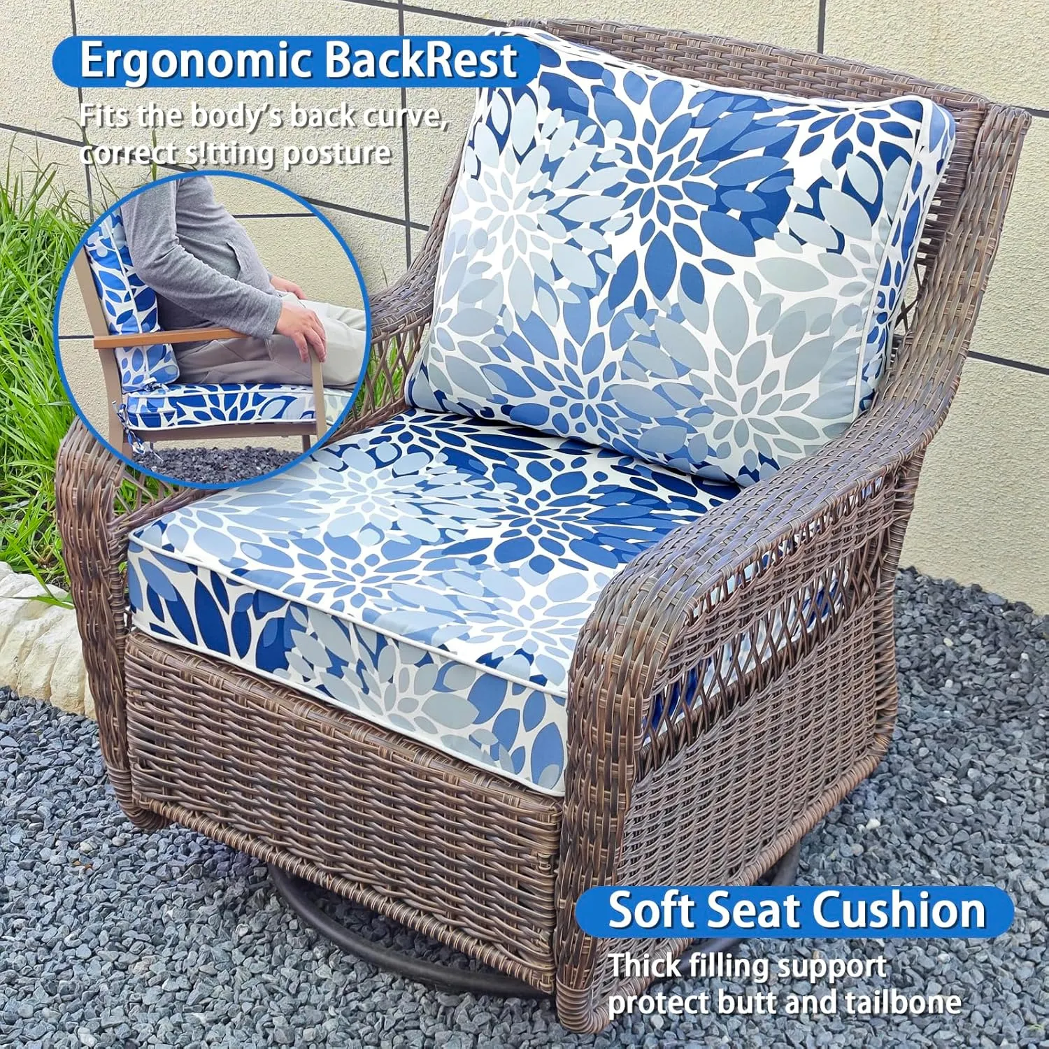 Outdoor Seat/Back Deep Chair Cushion Set for Patio Furniture - Lounge Chair Cushions with Zipper - Water-Resistant Patio Chair Cushions 24x24