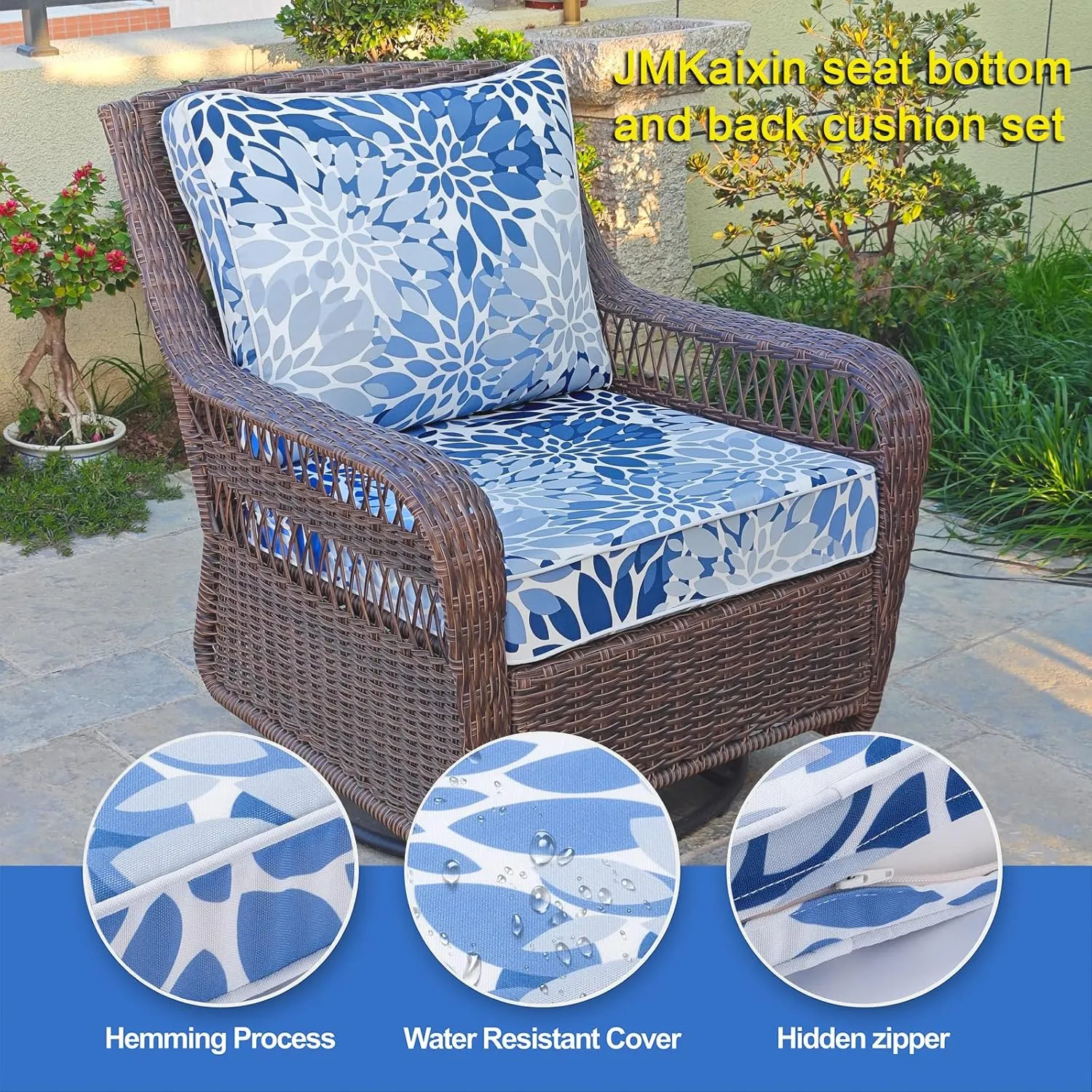 Outdoor Seat/Back Deep Chair Cushion Set for Patio Furniture - Lounge Chair Cushions with Zipper - Water-Resistant Patio Chair Cushions 24x24