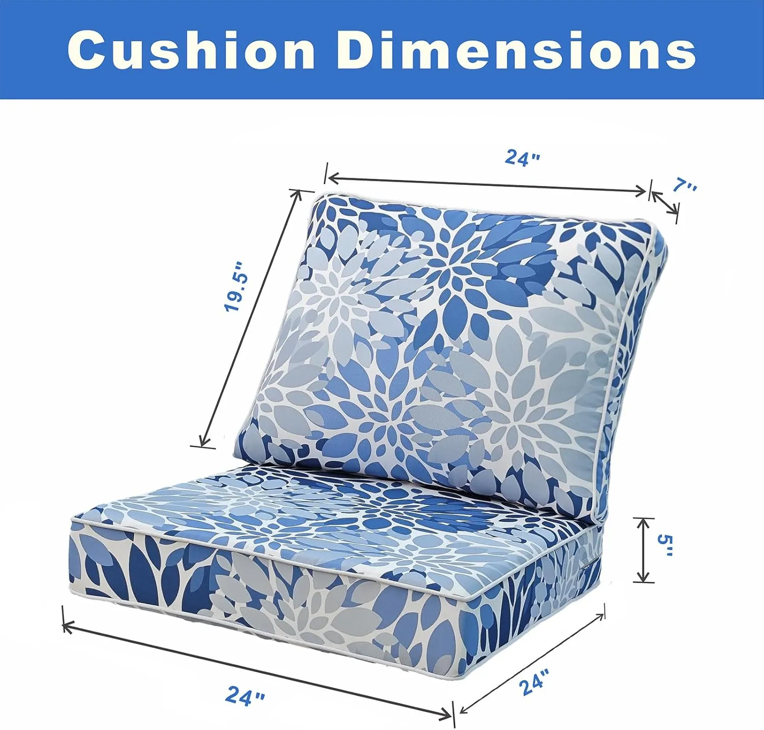 Outdoor Seat/Back Deep Chair Cushion Set for Patio Furniture - Lounge Chair Cushions with Zipper - Water-Resistant Patio Chair Cushions 24x24