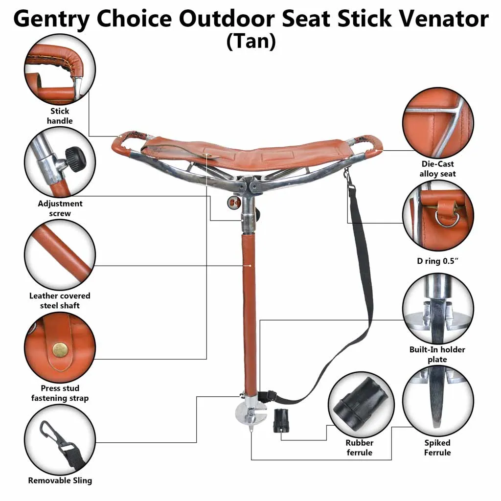 Outdoor Shooting Stick Adjustable Venator Leather Walking Seat Tan