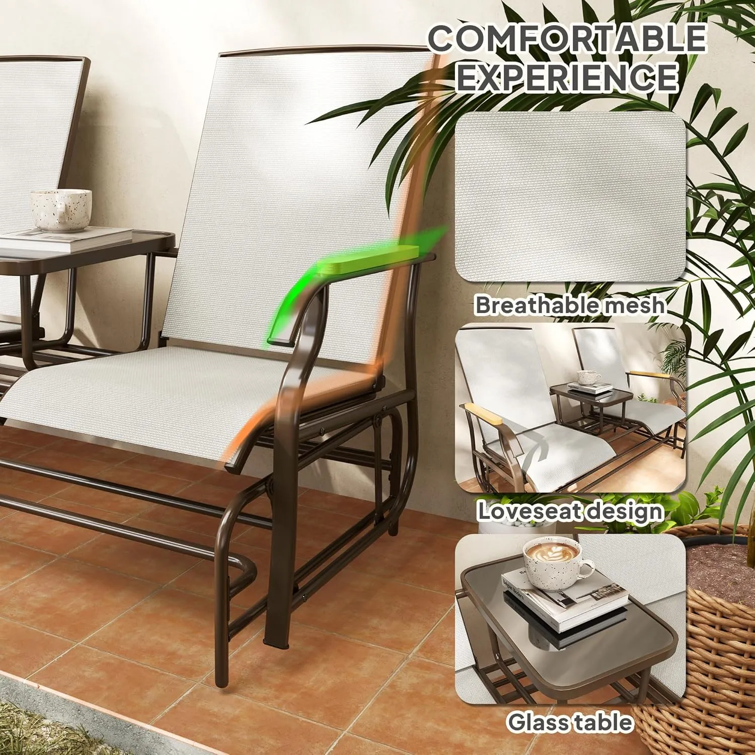Outsunny 2 Person Outdoor Glider Bench, Patio Swing Glider Chair Loveseat with Breathable Mesh, Table, Steel Frame for Garden, Backyard, Porch, Cream White