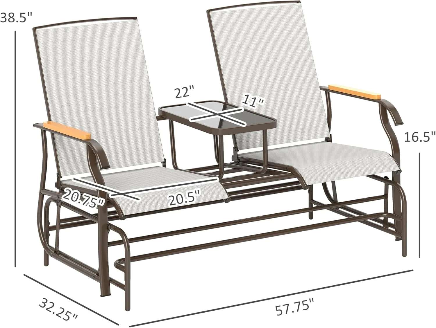 Outsunny 2 Person Outdoor Glider Bench, Patio Swing Glider Chair Loveseat with Breathable Mesh, Table, Steel Frame for Garden, Backyard, Porch, Cream White