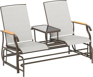 Outsunny 2 Person Outdoor Glider Bench, Patio Swing Glider Chair Loveseat with Breathable Mesh, Table, Steel Frame for Garden, Backyard, Porch, Cream White