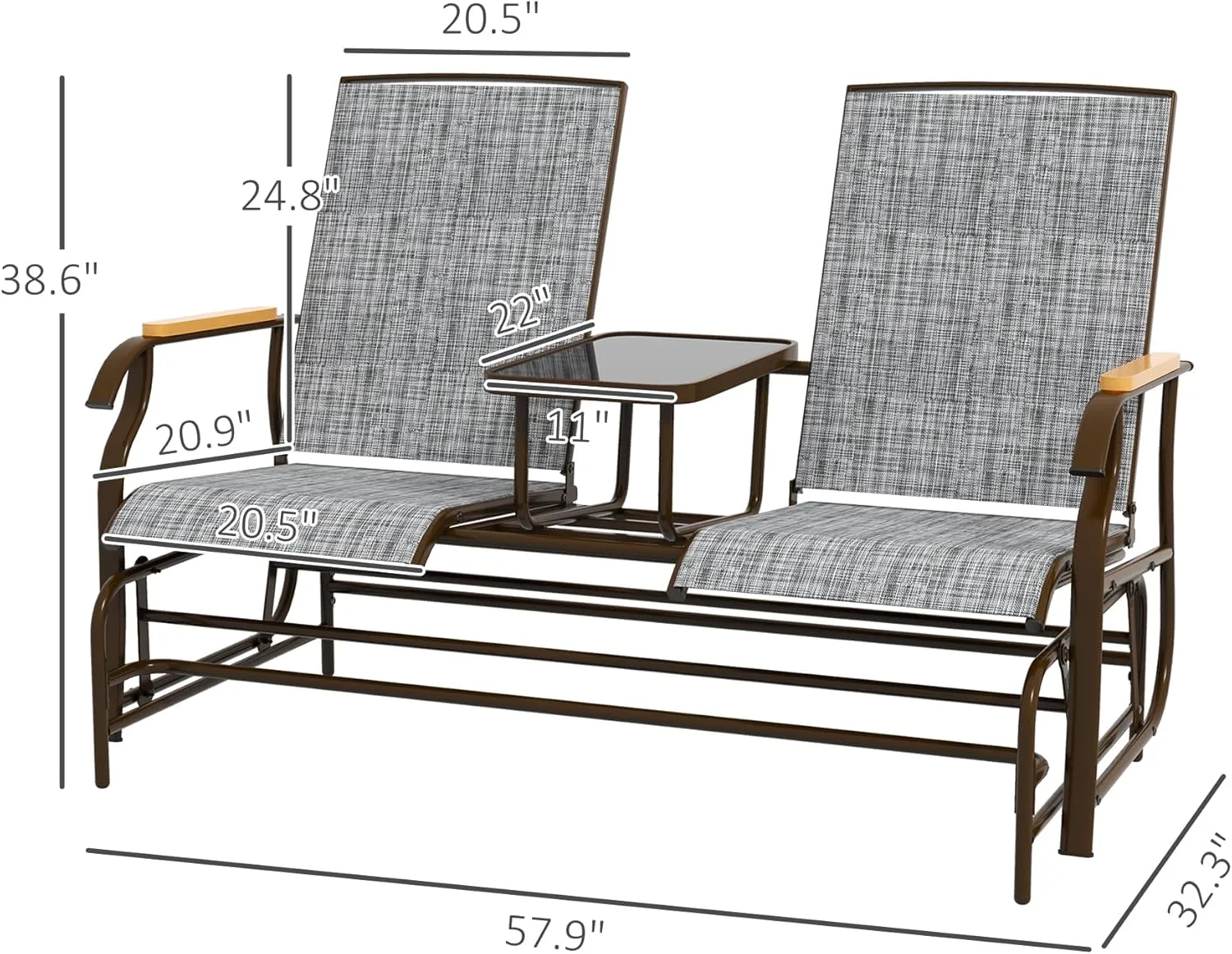 Outsunny 2 Person Outdoor Glider Bench, Patio Swing Glider Chair Loveseat with Breathable Mesh, Table, Steel Frame for Garden, Backyard, Porch, Gray