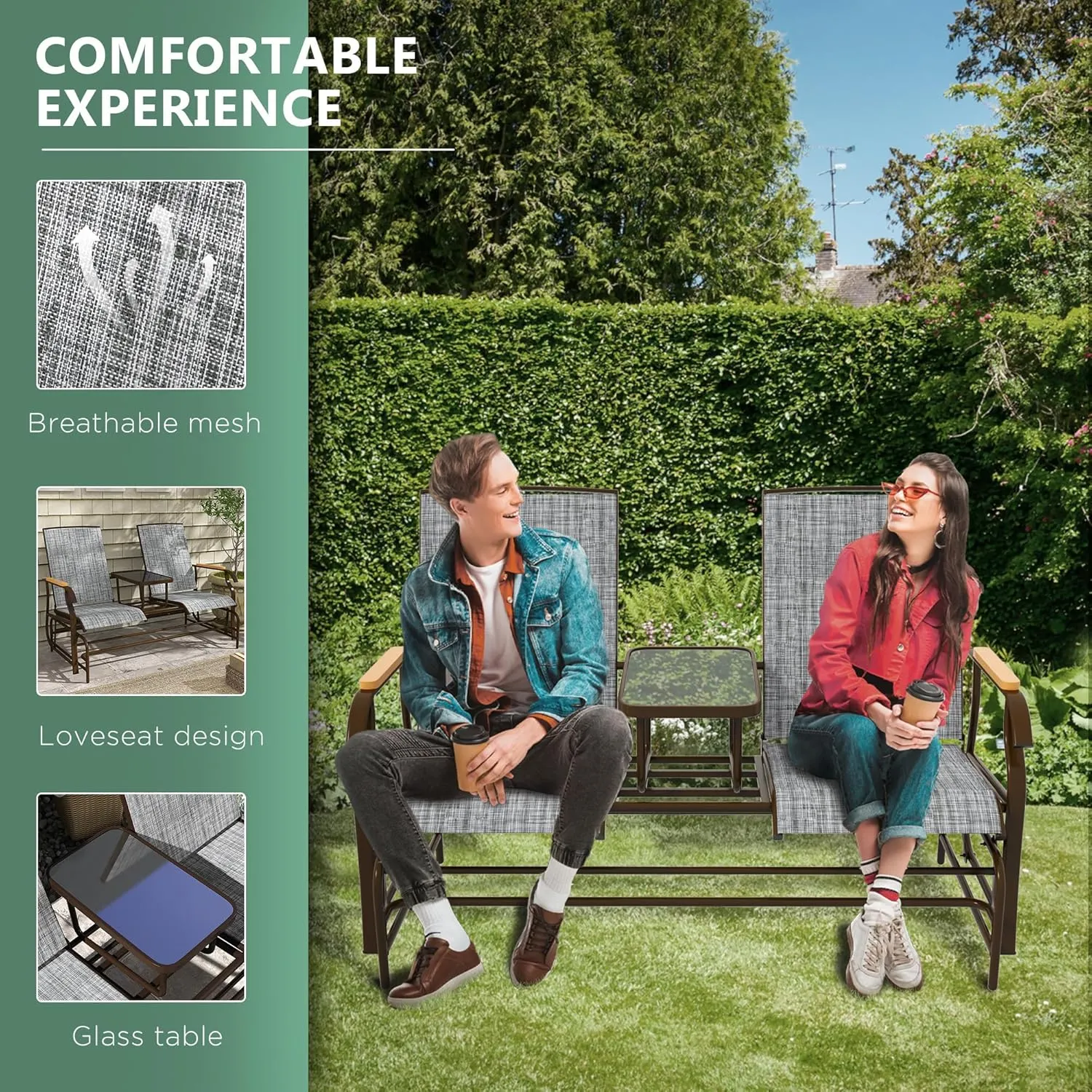 Outsunny 2 Person Outdoor Glider Bench, Patio Swing Glider Chair Loveseat with Breathable Mesh, Table, Steel Frame for Garden, Backyard, Porch, Gray