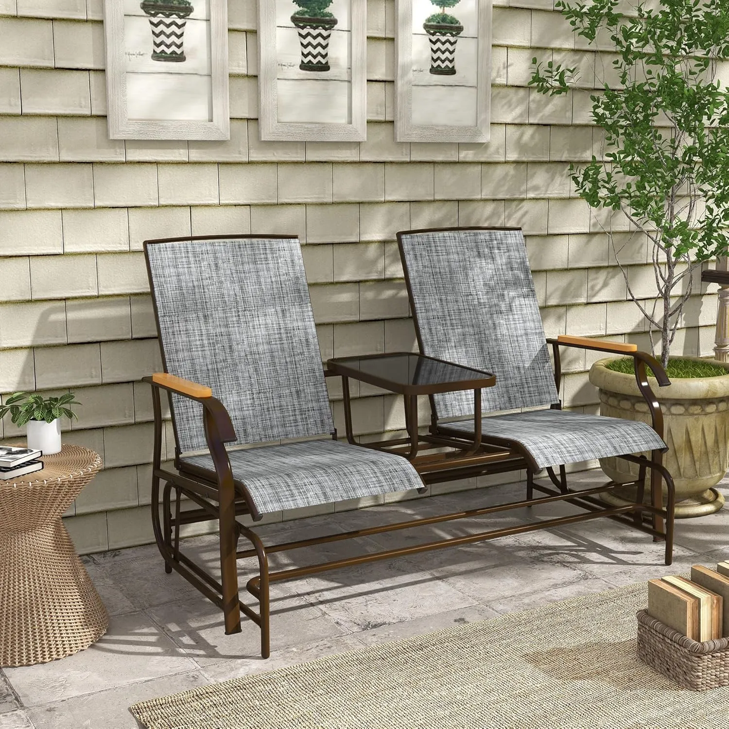 Outsunny 2 Person Outdoor Glider Bench, Patio Swing Glider Chair Loveseat with Breathable Mesh, Table, Steel Frame for Garden, Backyard, Porch, Gray