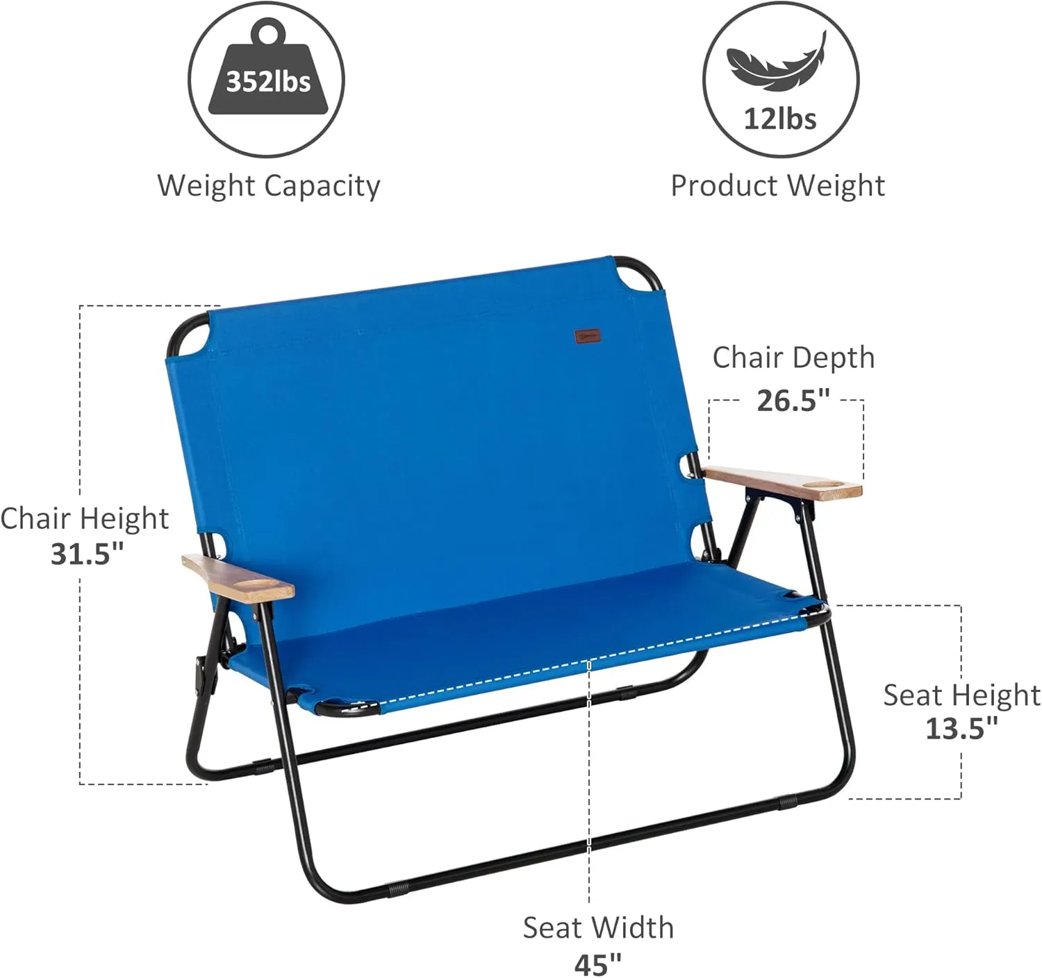 Outsunny Double Folding Camping Chair, Loveseat for 2 Adults, Portable Camping Couch with Wood Armrest & Cupholders, for Backpacking, Beach, Sports Travel, Blue