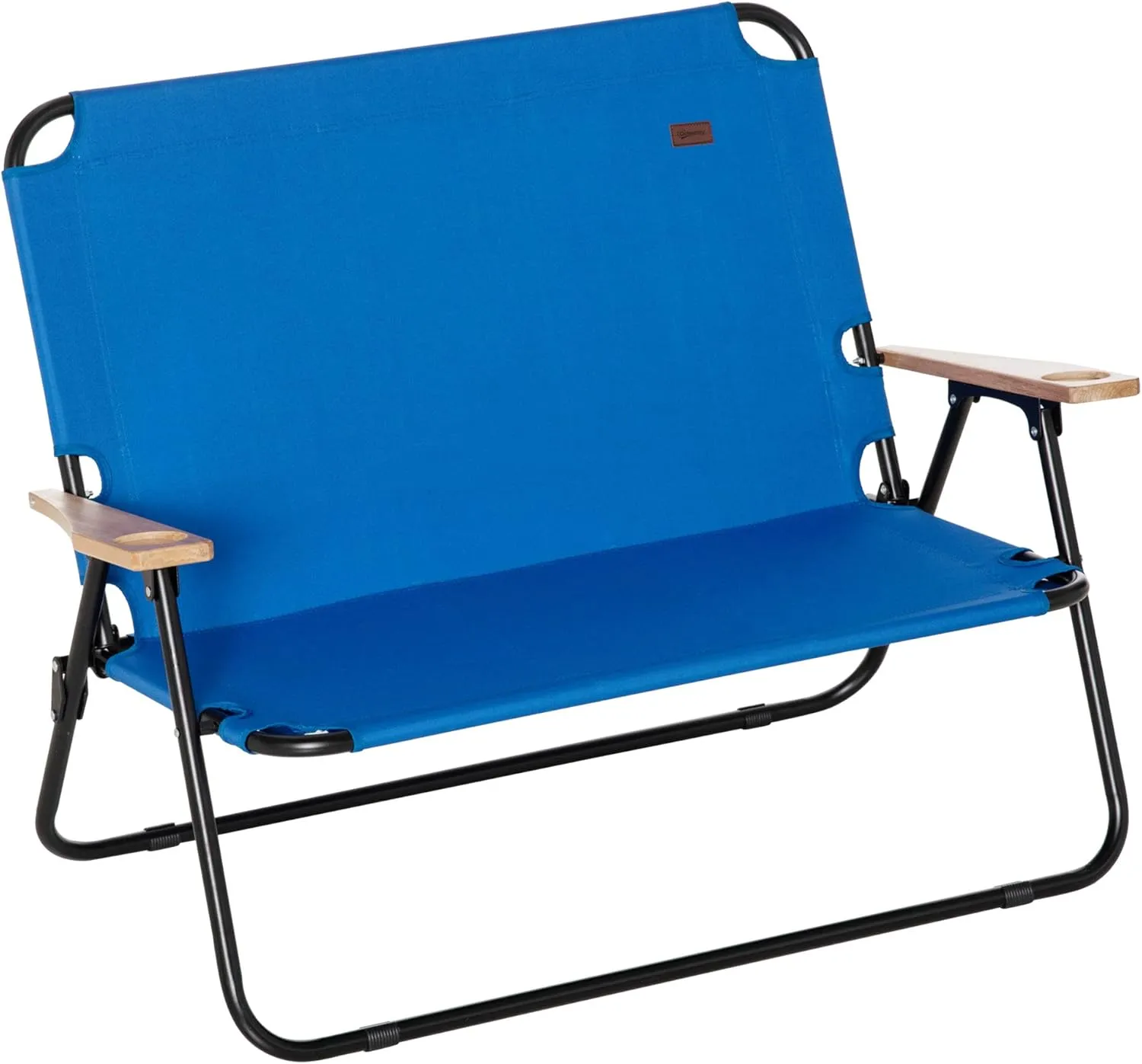 Outsunny Double Folding Camping Chair, Loveseat for 2 Adults, Portable Camping Couch with Wood Armrest & Cupholders, for Backpacking, Beach, Sports Travel, Blue