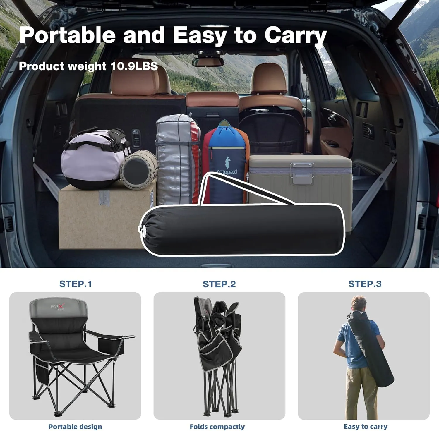 Oversized Folding Camping Chair, Heavy Duty Support 500LBS Outdoor Chair with Cup Holder Storage and Cooler Pouch, Collapsible Padded Arm Chair for Sports Garden Beach Fishing, Black