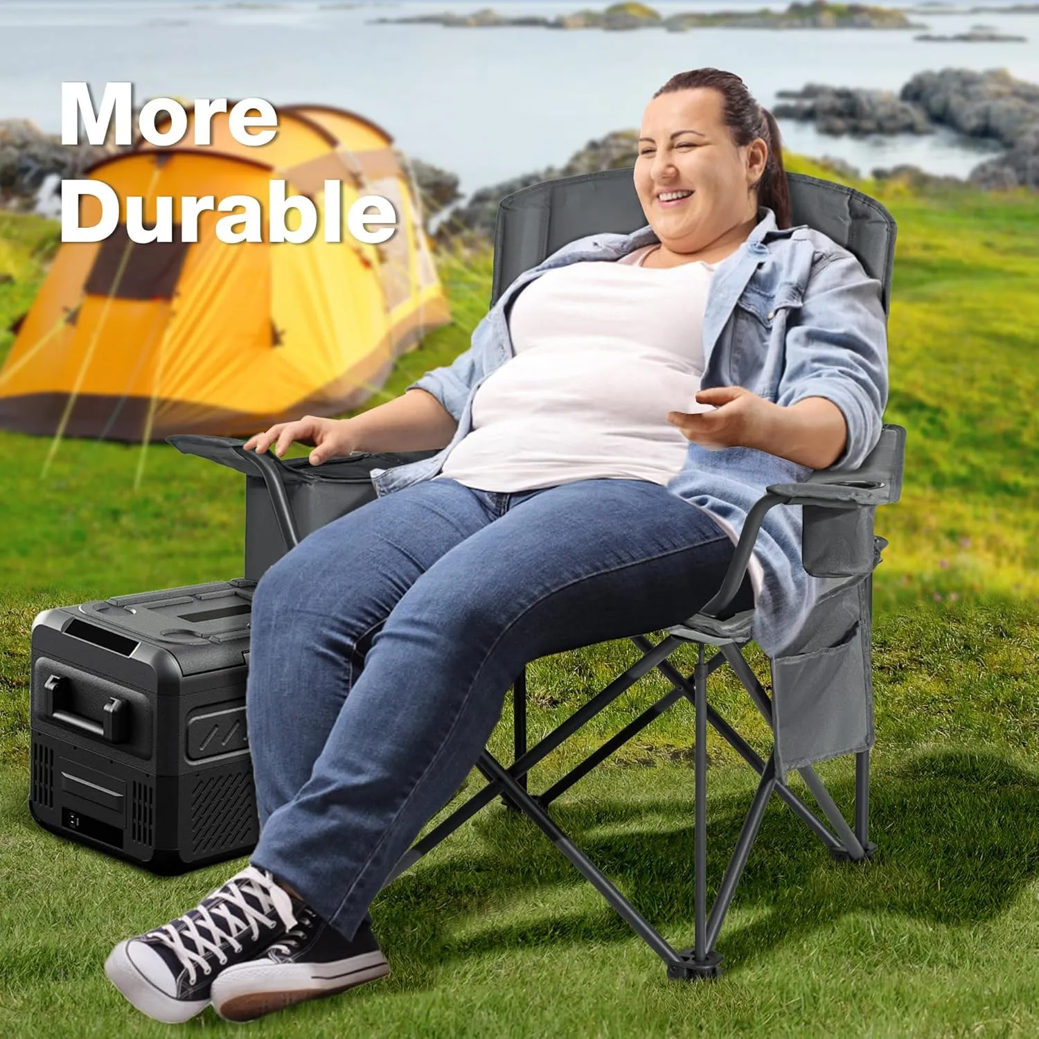 Oversized Folding Camping Chair, Heavy Duty Support 500LBS Outdoor Chair with Cup Holder Storage and Cooler Pouch, Collapsible Padded Arm Chair for Sports Garden Beach Fishing, Grey