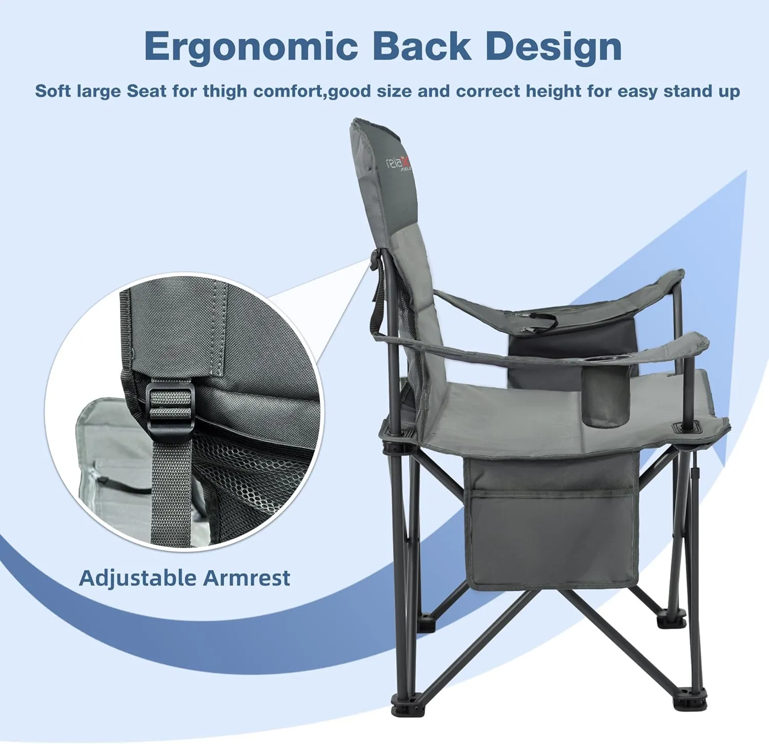 Oversized Folding Camping Chair, Heavy Duty Support 500LBS Outdoor Chair with Cup Holder Storage and Cooler Pouch, Collapsible Padded Arm Chair for Sports Garden Beach Fishing, Grey