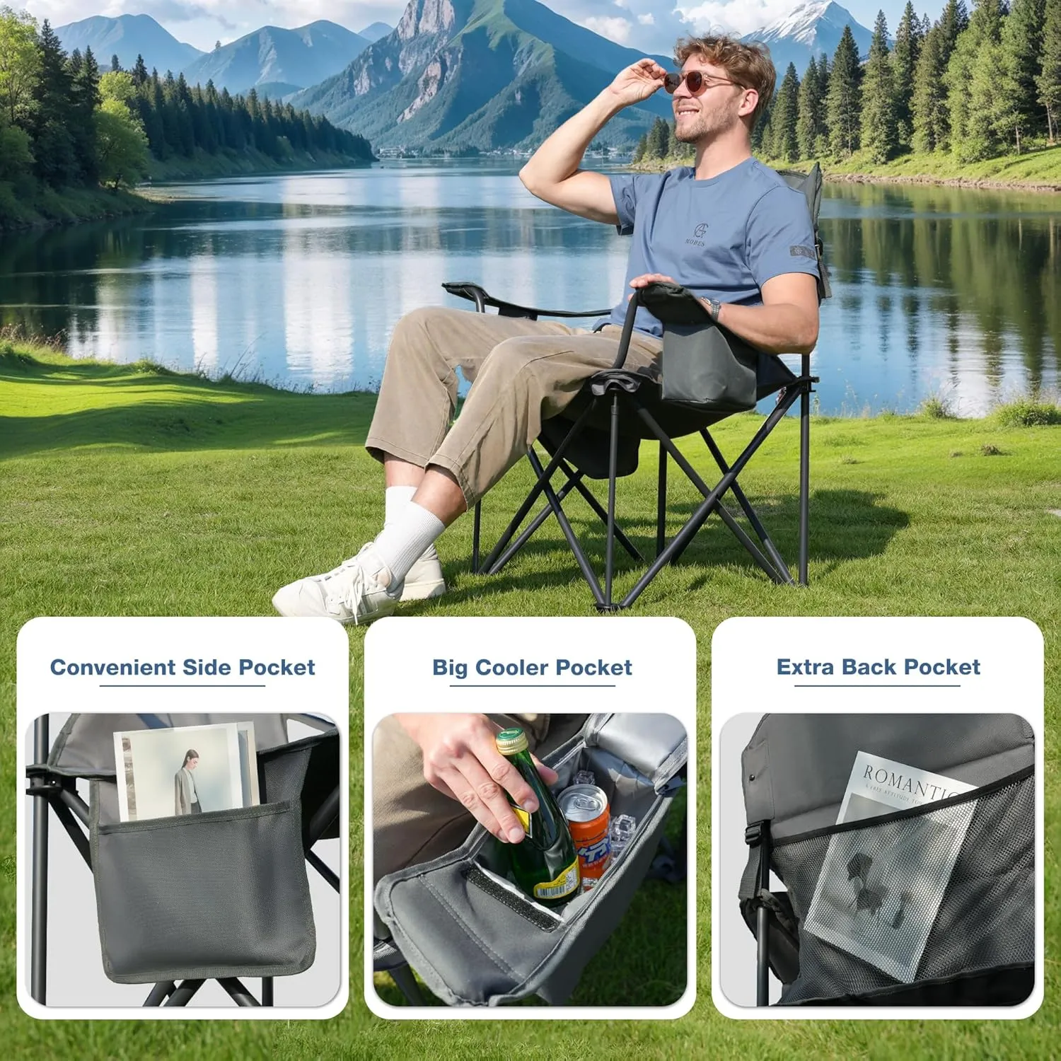 Oversized Folding Camping Chair, Heavy Duty Support 500LBS Outdoor Chair with Cup Holder Storage and Cooler Pouch, Collapsible Padded Arm Chair for Sports Garden Beach Fishing, Grey