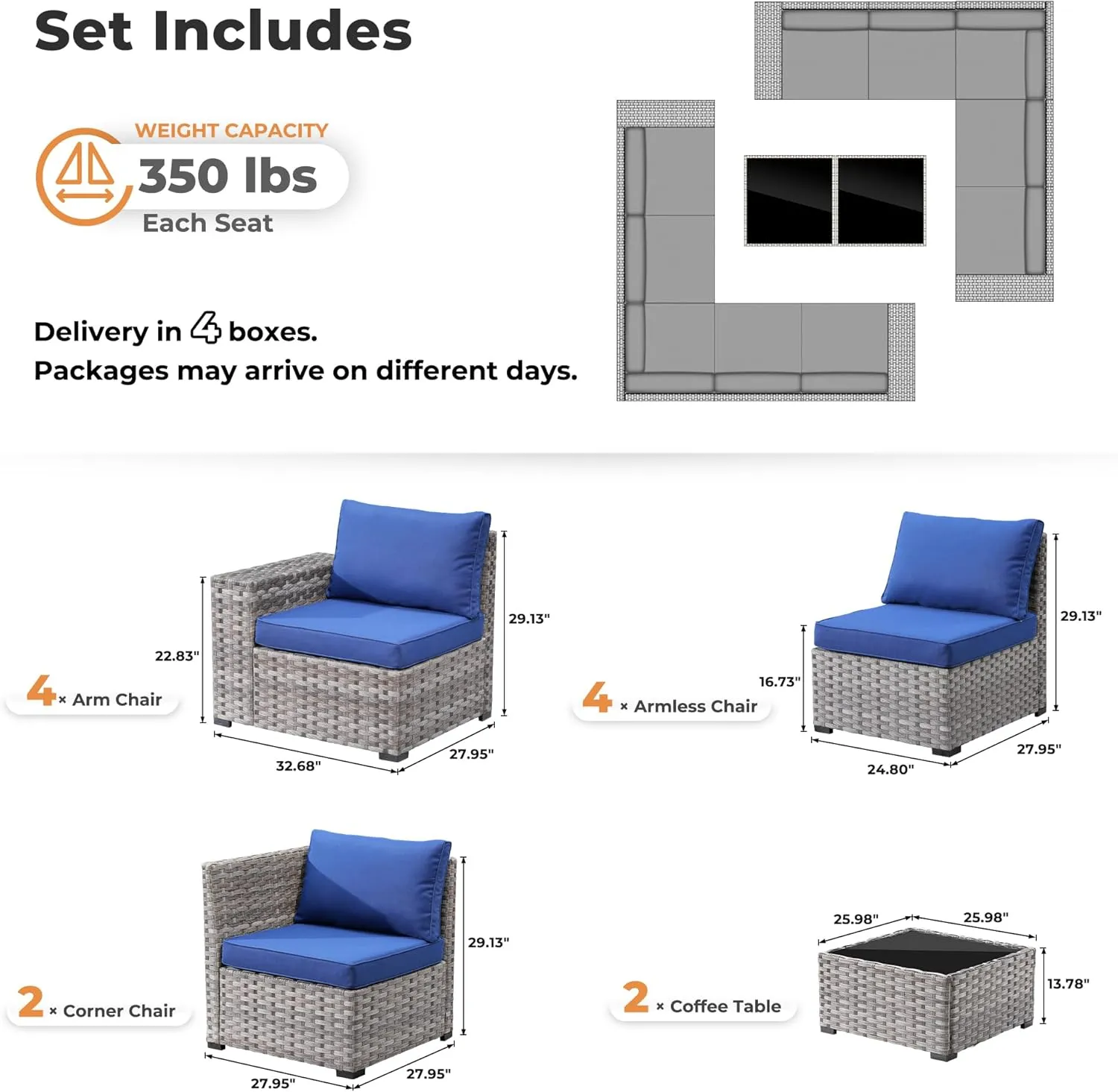 ovios 12 Pieces Patio Furniture Set, Outdoor Wicker Sectional Sofa with Coffee Table Comfy Cushions, Modern Modular Deep Seat Rattan Couch Conversation Set, Navy Blue