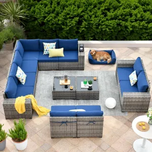 ovios 12 Pieces Patio Furniture Set, Outdoor Wicker Sectional Sofa with Coffee Table Comfy Cushions, Modern Modular Deep Seat Rattan Couch Conversation Set, Navy Blue