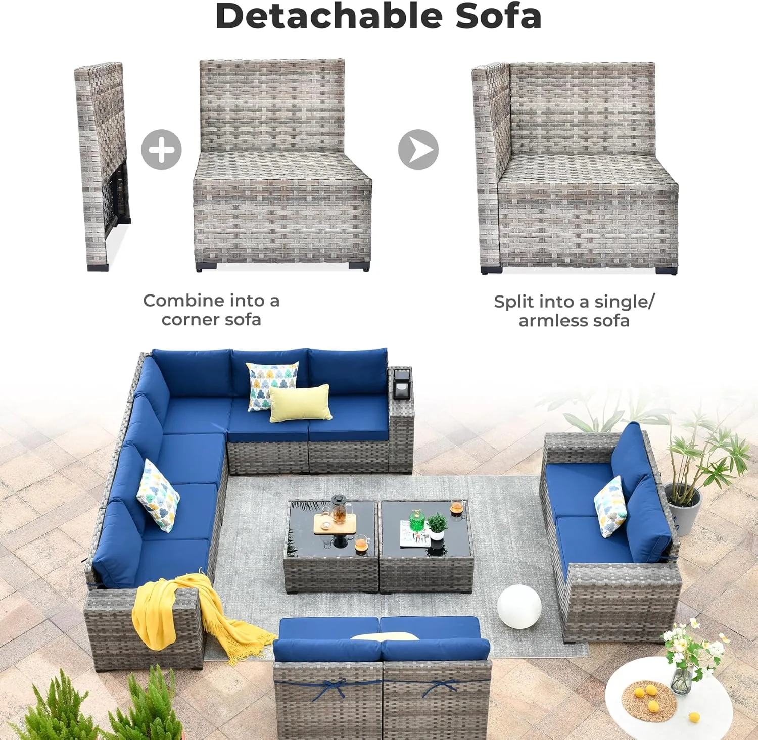 ovios 12 Pieces Patio Furniture Set, Outdoor Wicker Sectional Sofa with Coffee Table Comfy Cushions, Modern Modular Deep Seat Rattan Couch Conversation Set, Navy Blue