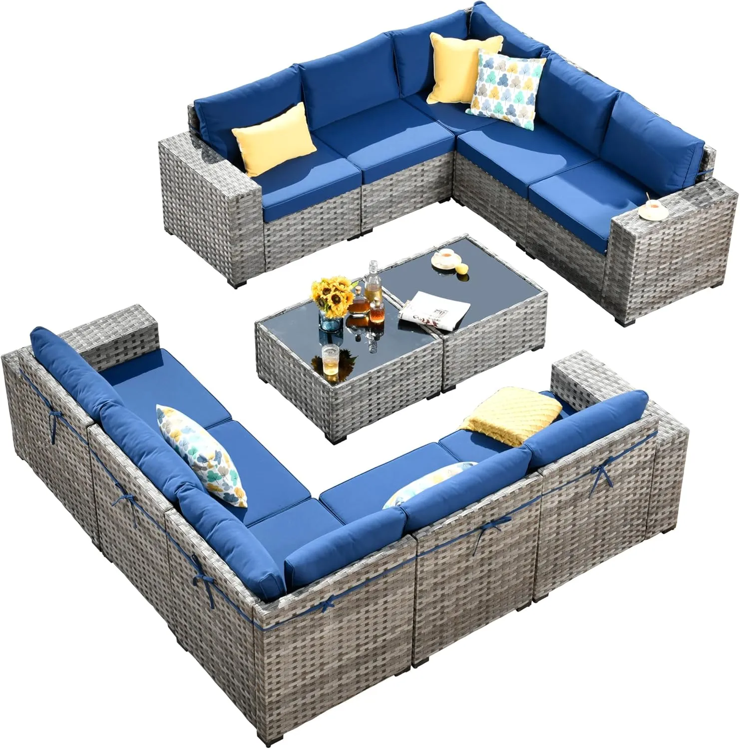 ovios 12 Pieces Patio Furniture Set, Outdoor Wicker Sectional Sofa with Coffee Table Comfy Cushions, Modern Modular Deep Seat Rattan Couch Conversation Set, Navy Blue