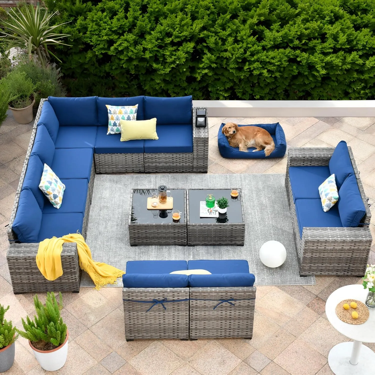 ovios 12 Pieces Patio Furniture Set, Outdoor Wicker Sectional Sofa with Coffee Table Comfy Cushions, Modern Modular Deep Seat Rattan Couch Conversation Set, Navy Blue