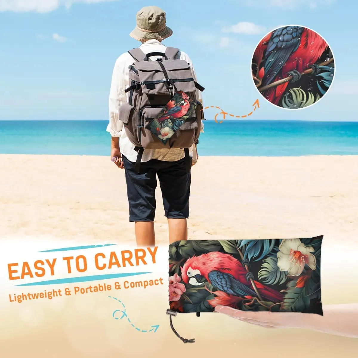 Parrot Bird Beach Blanket, Sandproof Beach Mat, 68 x 59 Waterproof Quick Drying Sand Free Mat with 4 x Ground Spikes for Outdoor Travel Camping Hiking, Tropical Palm Leaves