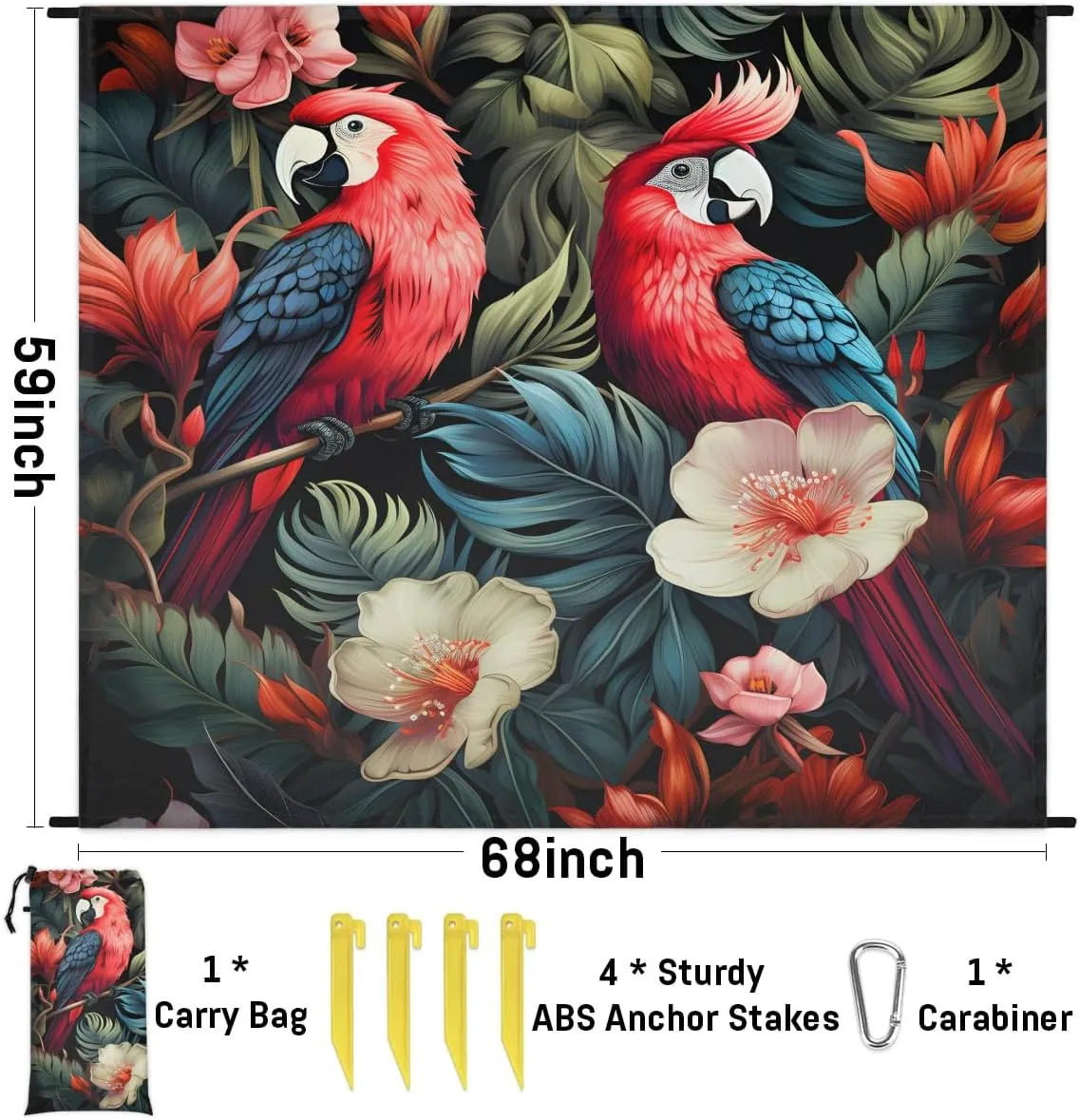 Parrot Bird Beach Blanket, Sandproof Beach Mat, 68 x 59 Waterproof Quick Drying Sand Free Mat with 4 x Ground Spikes for Outdoor Travel Camping Hiking, Tropical Palm Leaves