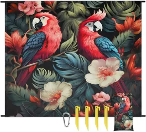 Parrot Bird Beach Blanket, Sandproof Beach Mat, 68 x 59 Waterproof Quick Drying Sand Free Mat with 4 x Ground Spikes for Outdoor Travel Camping Hiking, Tropical Palm Leaves