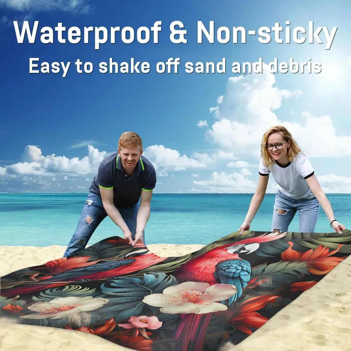 Parrot Bird Beach Blanket, Sandproof Beach Mat, 68 x 59 Waterproof Quick Drying Sand Free Mat with 4 x Ground Spikes for Outdoor Travel Camping Hiking, Tropical Palm Leaves
