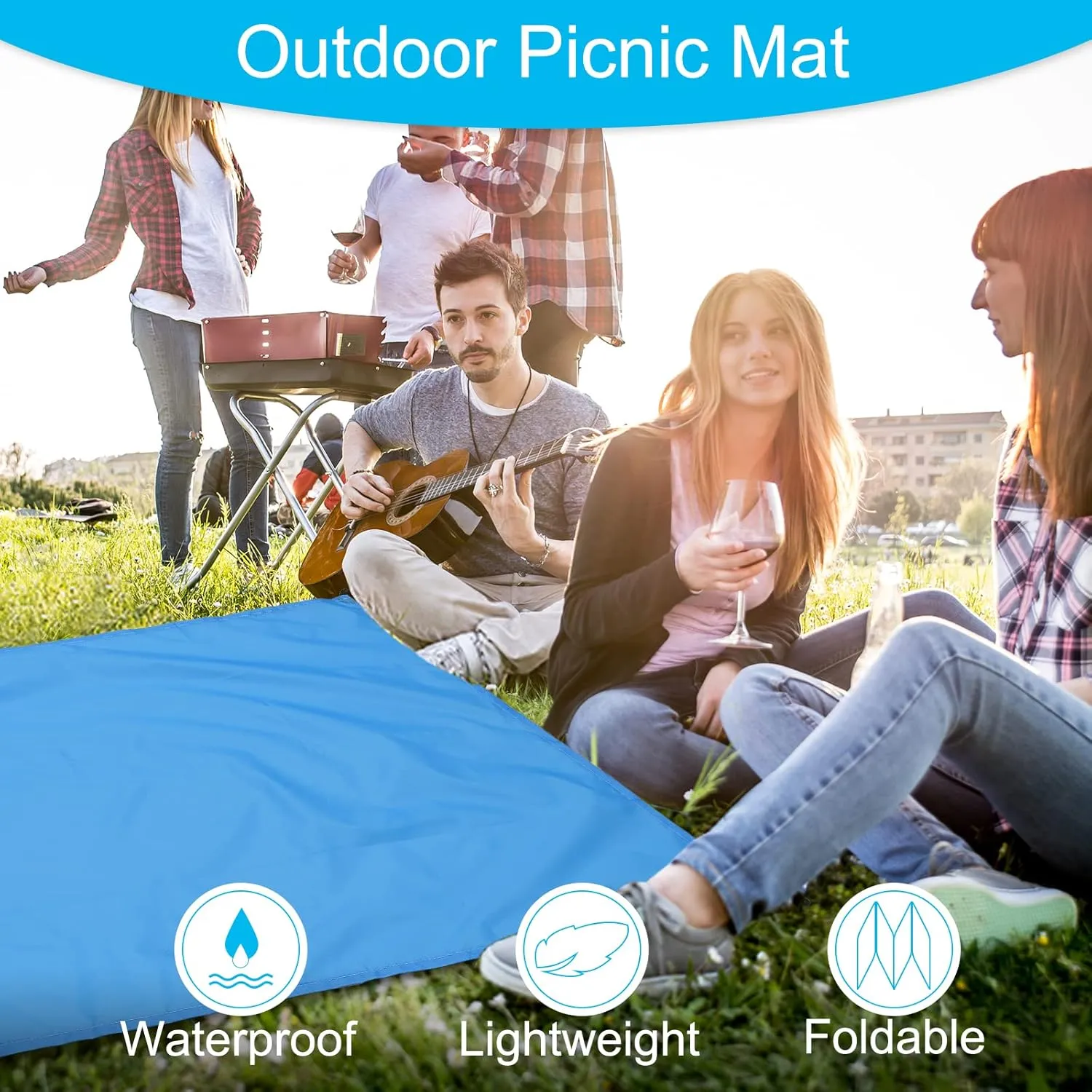 PATIKIL 57" x 55" Beach Blanket, Waterproof Picnic Mat with Carry Bag for Travel, Hiking, Camping, Outdoor Activities, Sky Blue