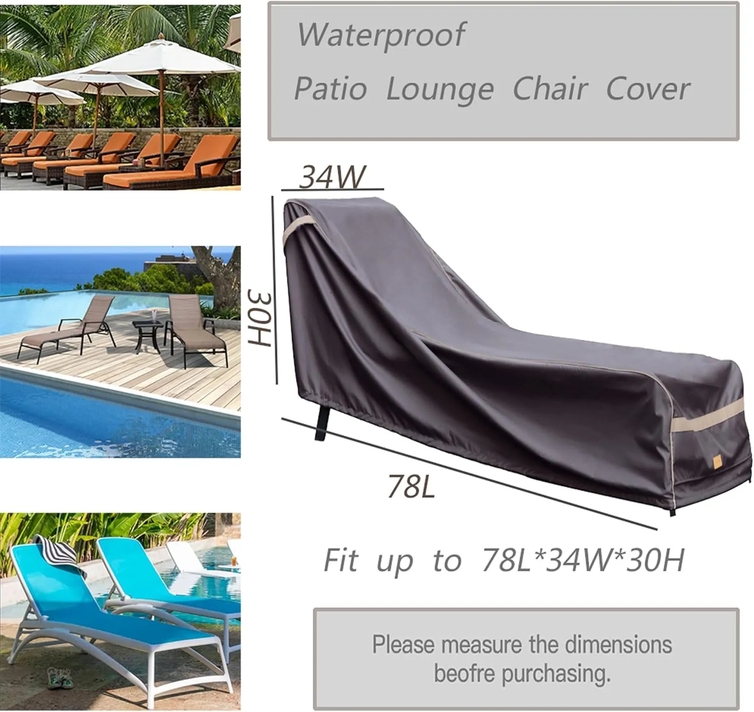 Patio Chaise Lounge Cover Waterproof, Heavy Duty Outdoor Lounge Chair Covers, Dark Grey Durable Patio Furniture Covers, 2Pack,78" L*34" W*30" H